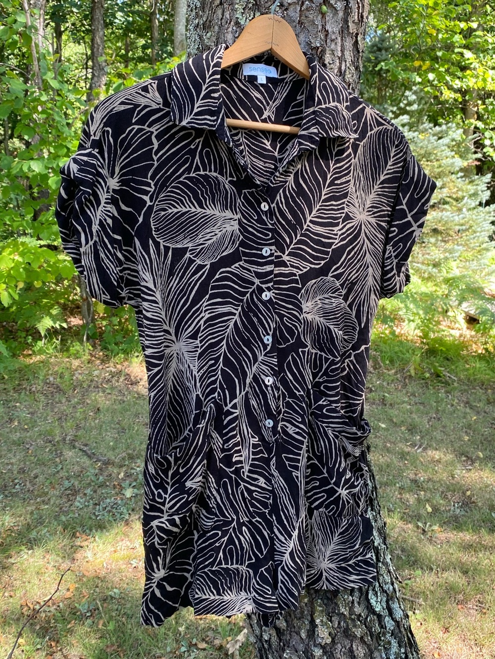 Sensea Black and Cream Leaf-Print Linen Type Romper